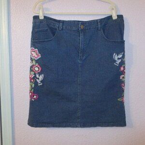 Colleen Lopez Denim Jean Skirt Size XL Embroidered Floral Bird Boho